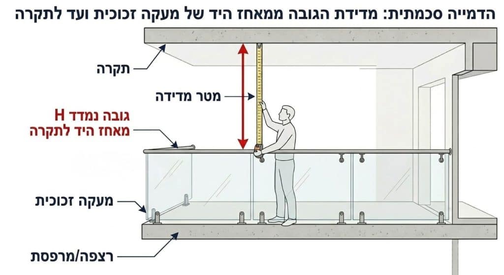 מדידת גובה סגירת מרפסת ממאחז היד לתקרה